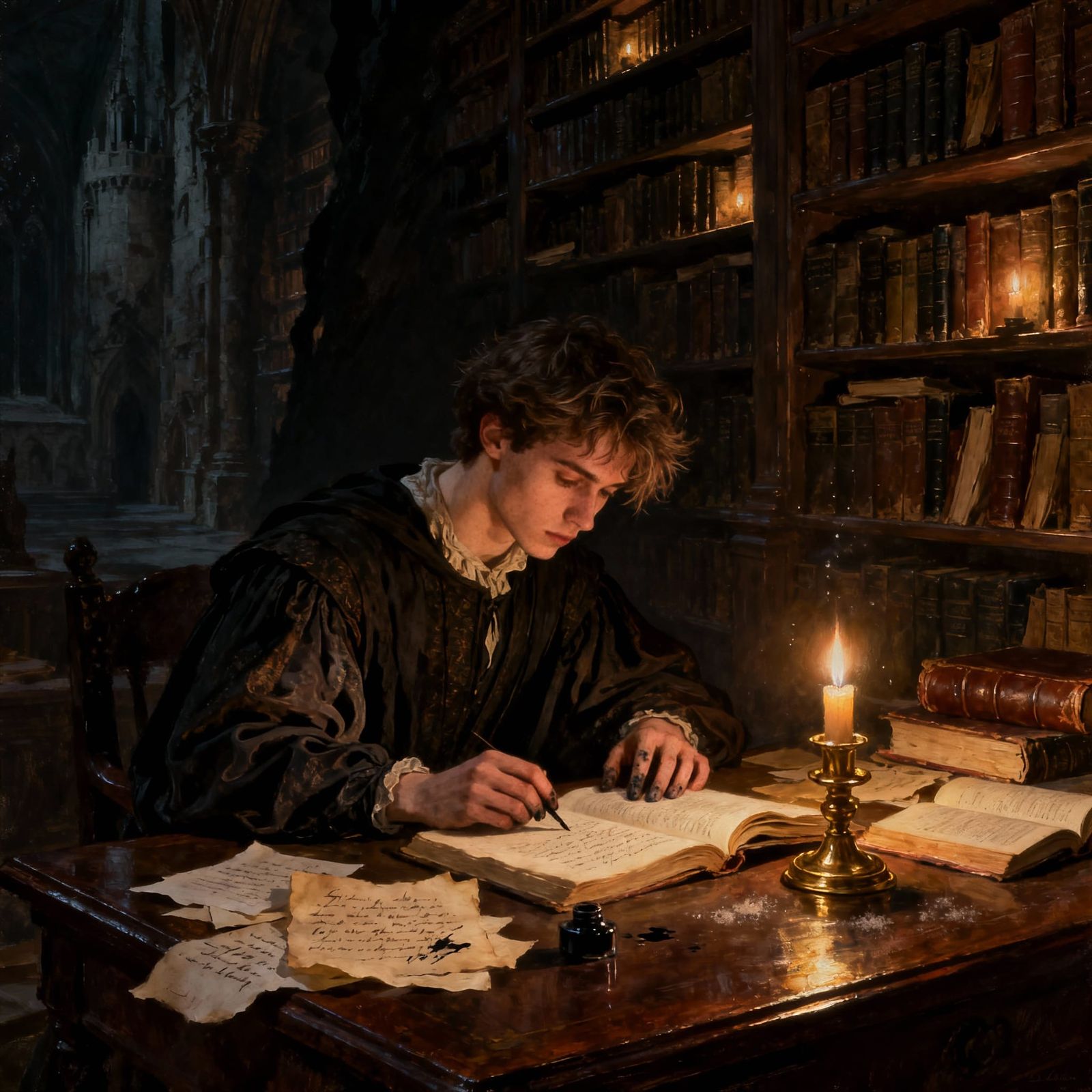 Dark Academia Scholar Studying by Candlelight