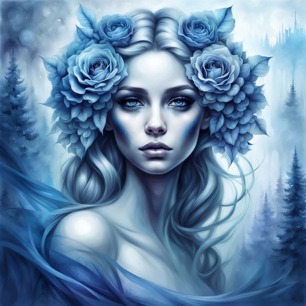 Monochrome Blue Portrait in Magical Fantasy Style