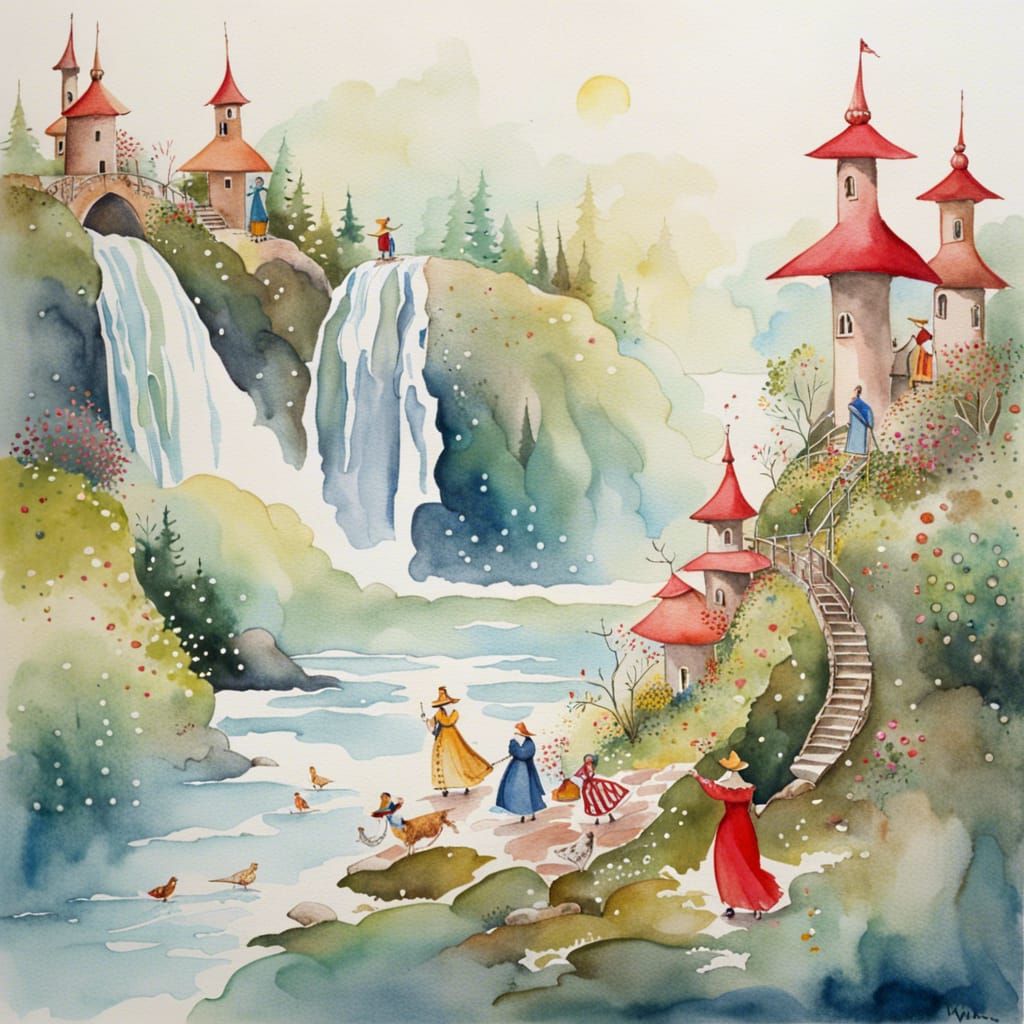 Whimsical Watercolor Wonderland with Wizards and Waterfalls