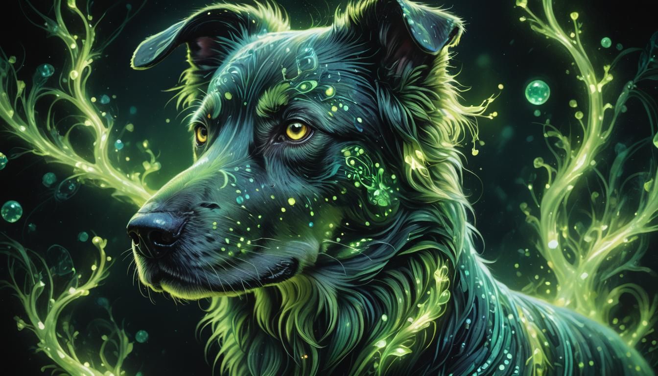 Bioluminescent Dog in the Dark: Ornate Glowing Patterns