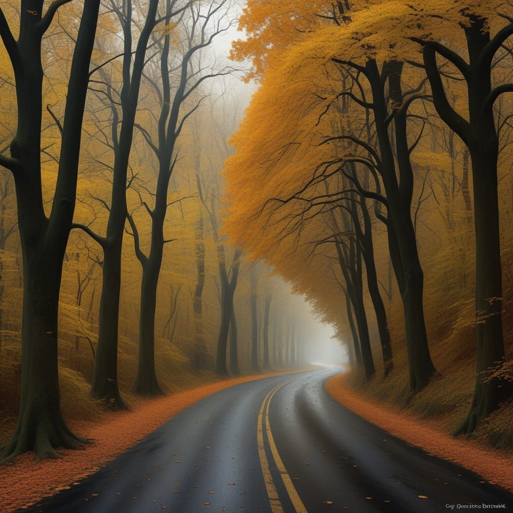 A winding road lined with trees during autumn 167