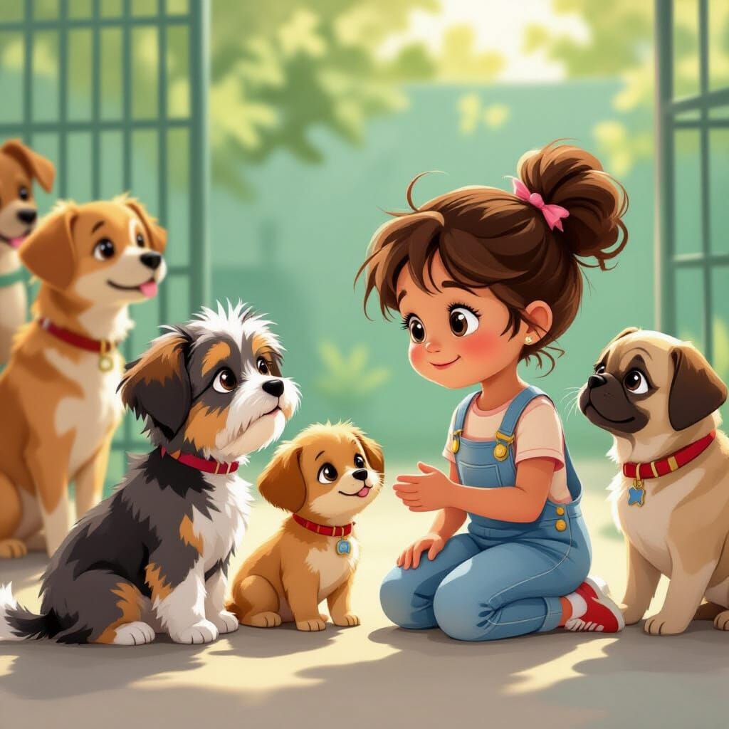 Girl Chooses Dog at Shelter in Storybook Style