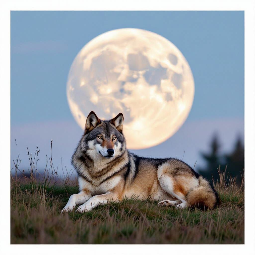 Wolf Lying in Meadow Under Moonlight