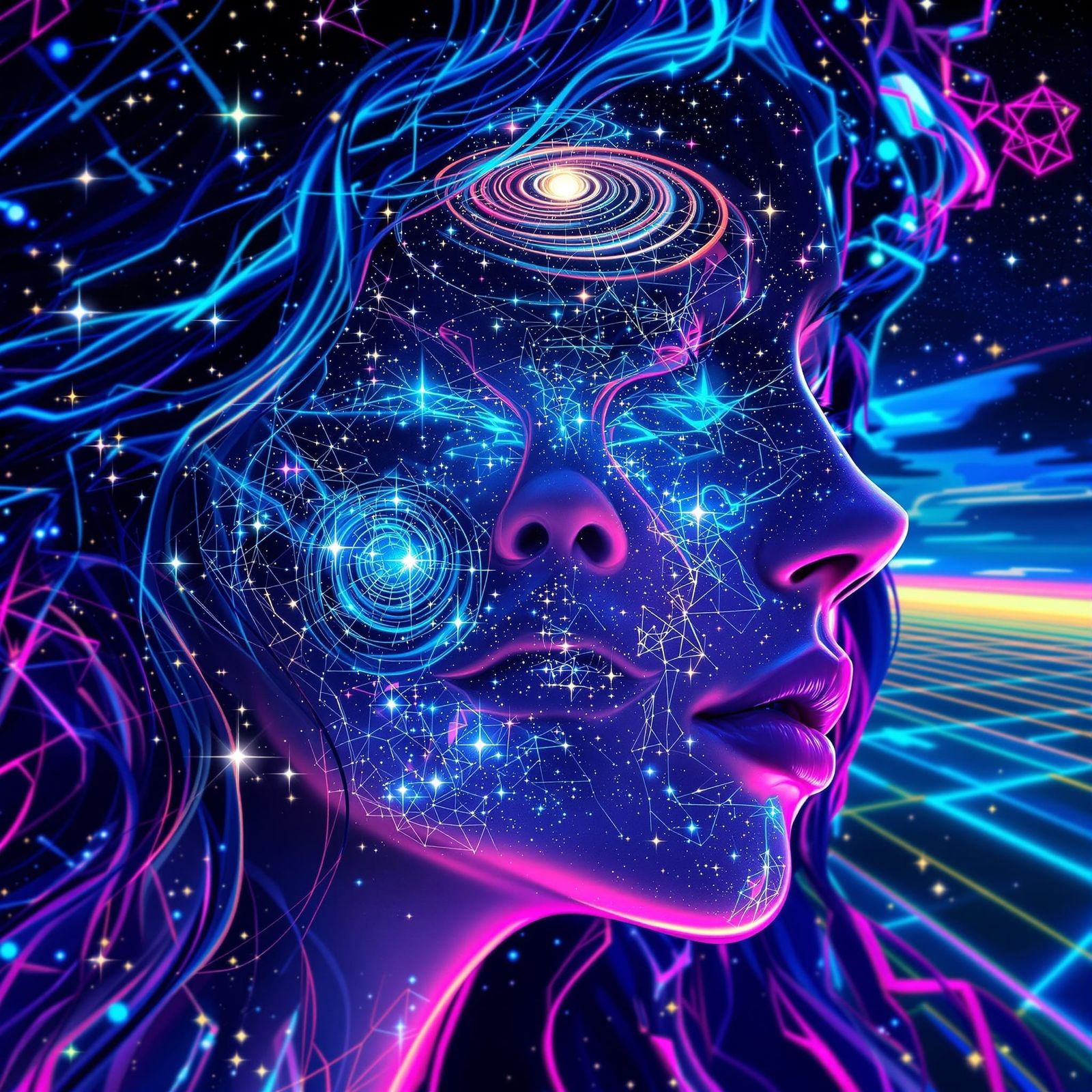 Synthwave Woman's Face with Cosmic Geometry