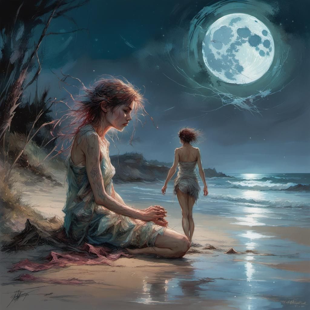Moonlit Beach Scene in Romantic Realism Style