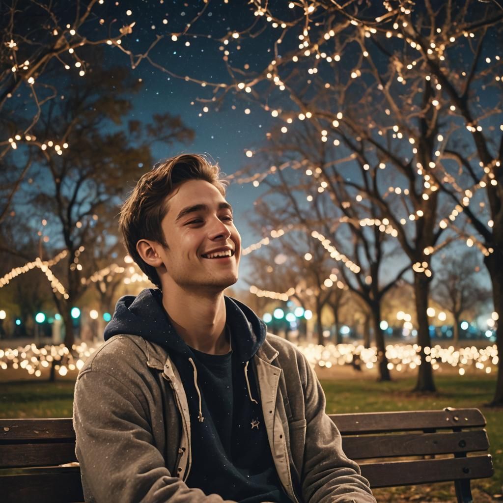Man on Park Bench Under Starry Sky