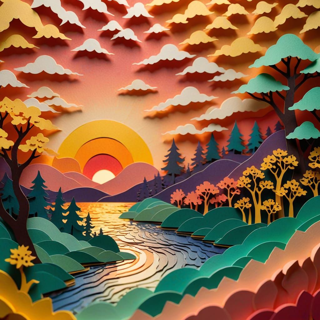 Kirigami Sunset: Intricate Papercraft in Escher Style