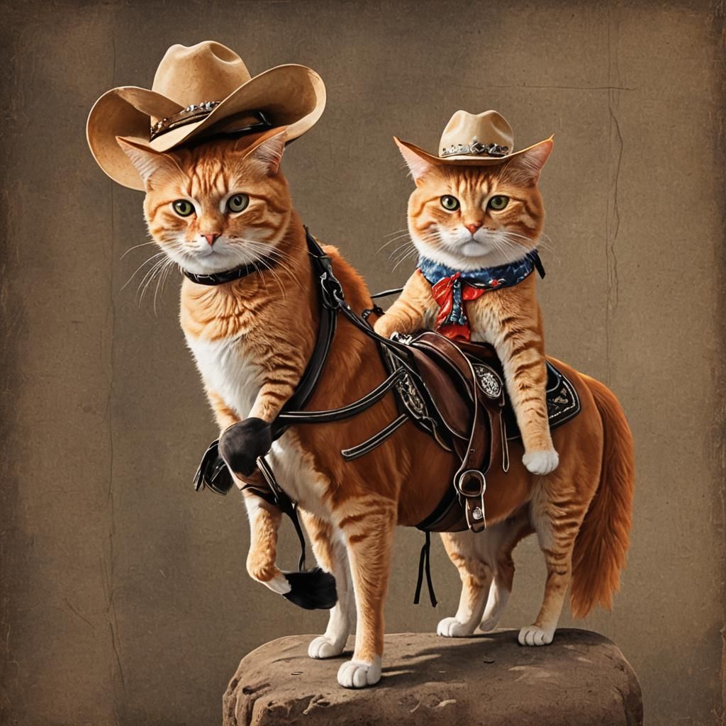 Orange Cat Rides Horse with Cowboy Hat