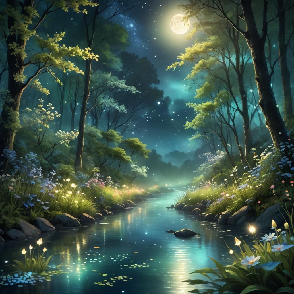 Fluorescent Rainbow Forest at Night: Digital Art