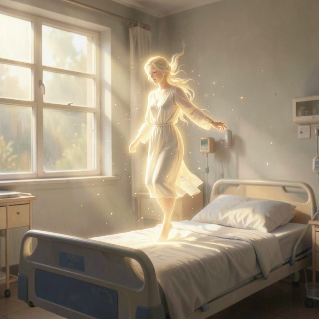 Spirit Ascending from Hospital Bed in Luminous Style