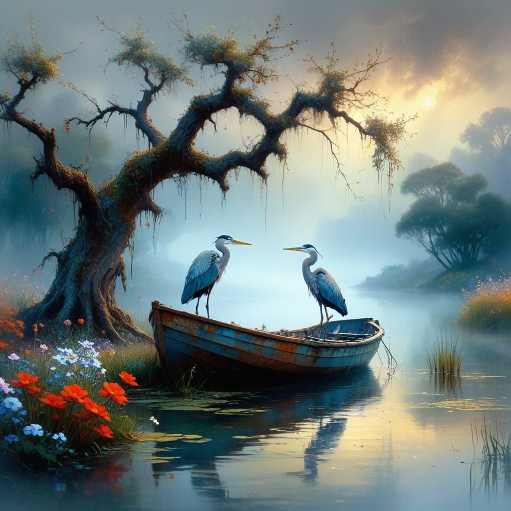 Majestic Old Tree in Foggy Landscape