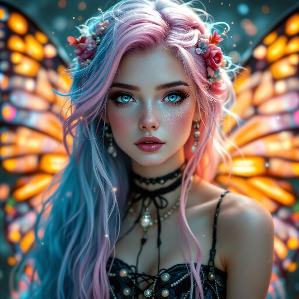 Beautiful Fairy Portrait with Glowing Wings, Digital Art