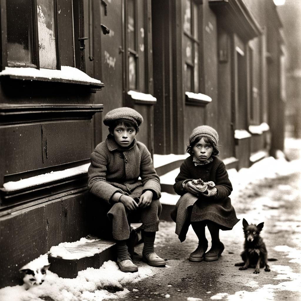Victorian Street Urchins Begging in Winter Snow
