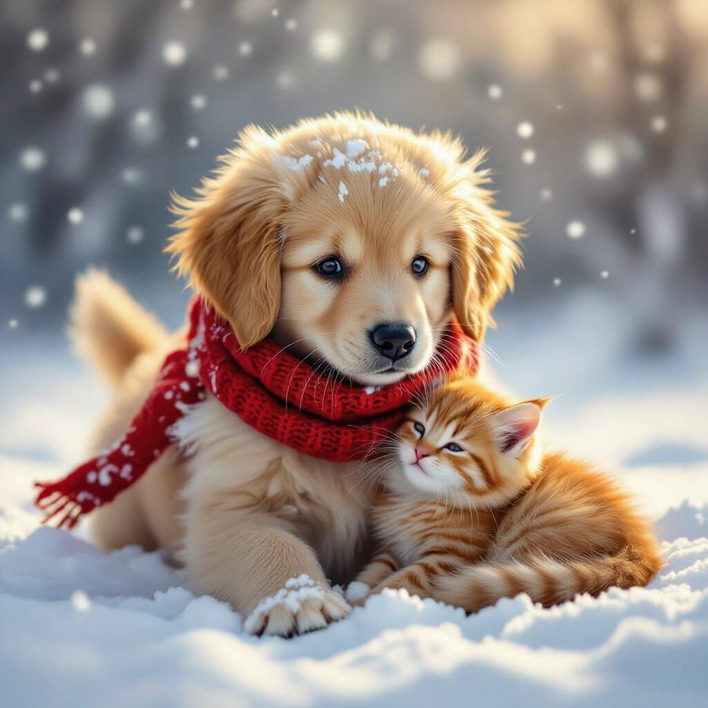 Cute Puppy and Kitten Play in Gentle Snowfall