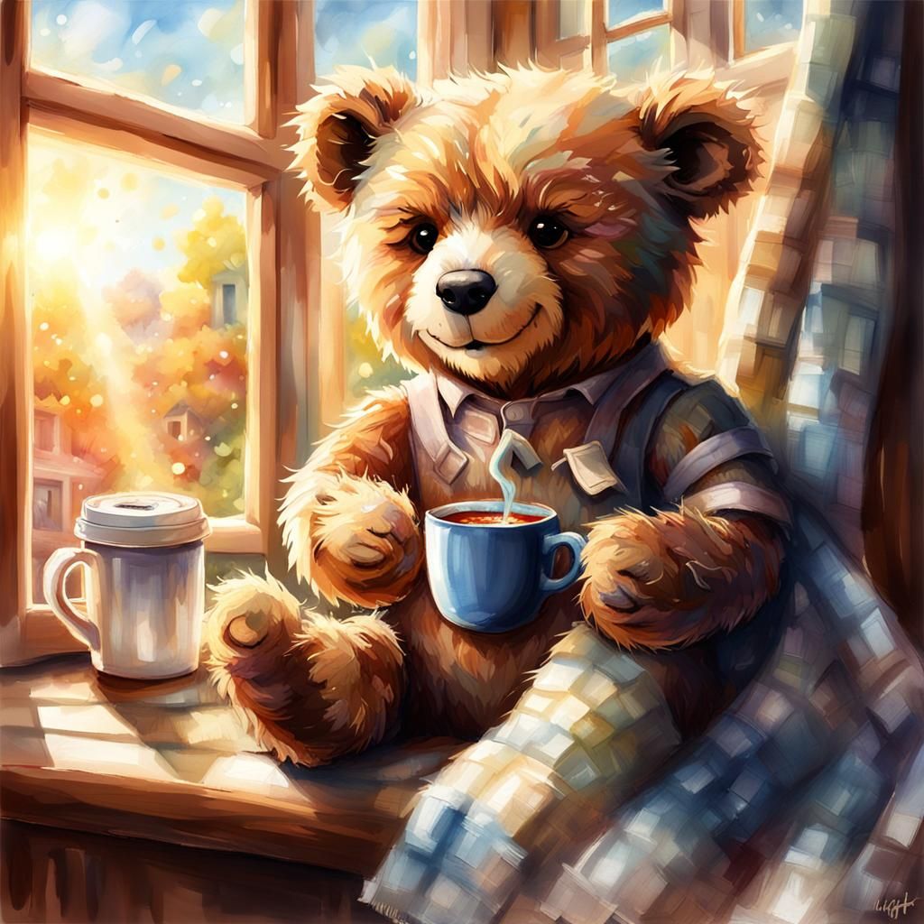Patched Teddy Bear with Coffee, Airbrushed Painting