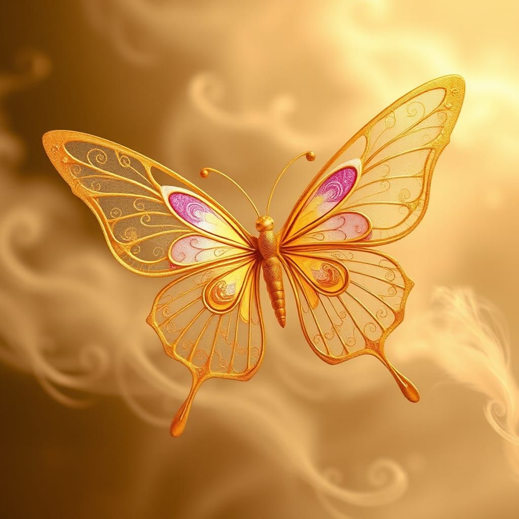 Golden Butterfly with Hearts in Art Nouveau Style