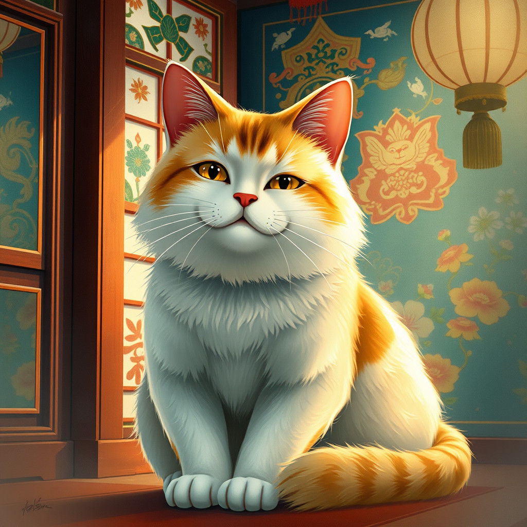 Maneki-Neko Cat in Traditional Asian Watercolor Style