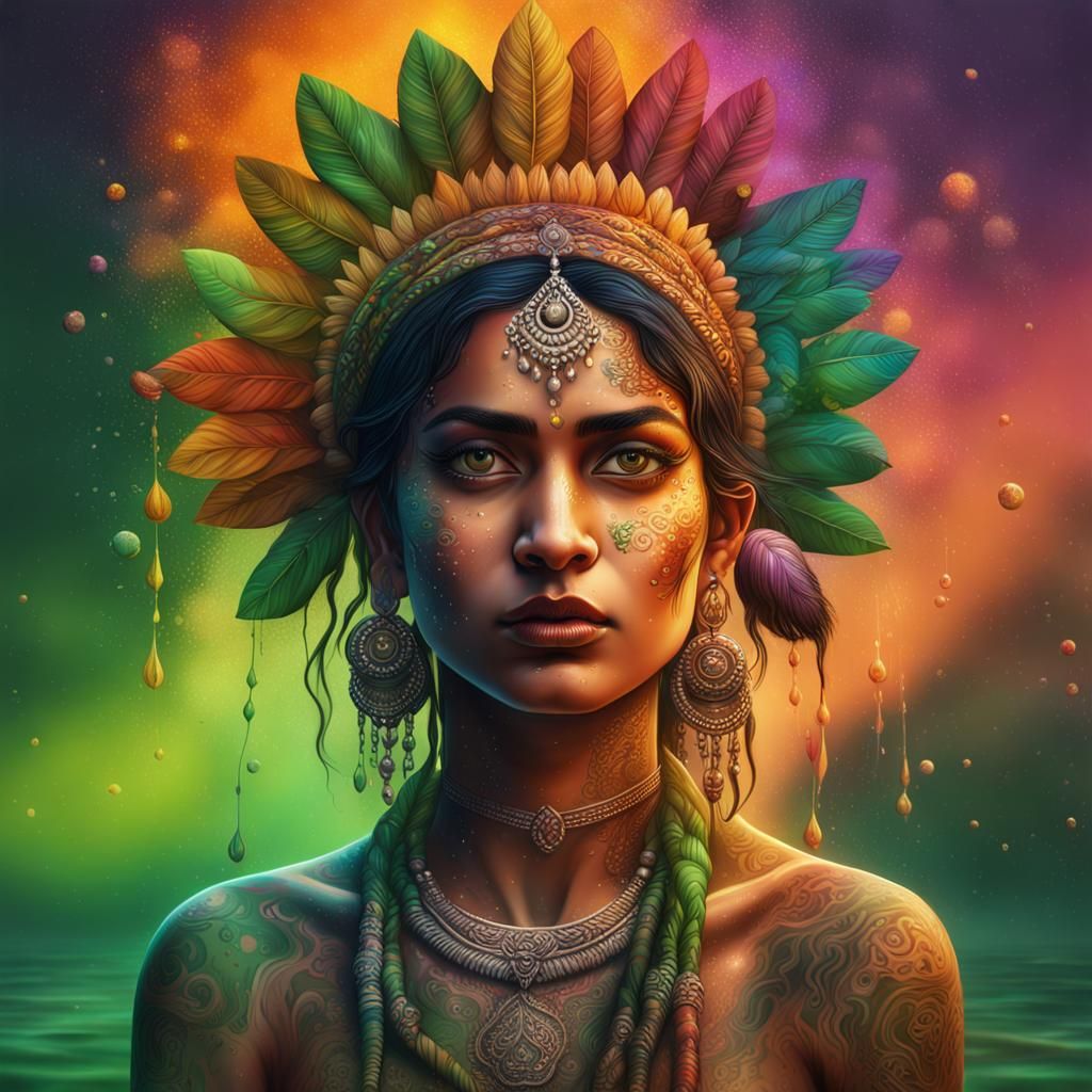 Indian Goddess Basks in Vibrant Rainbow Lake
