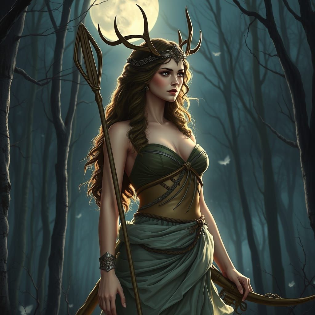 Goddess of the Hunt in Moonlit Forest