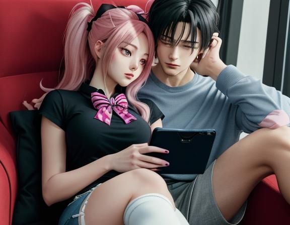 Anime Girl Relaxing with Boy on Couch