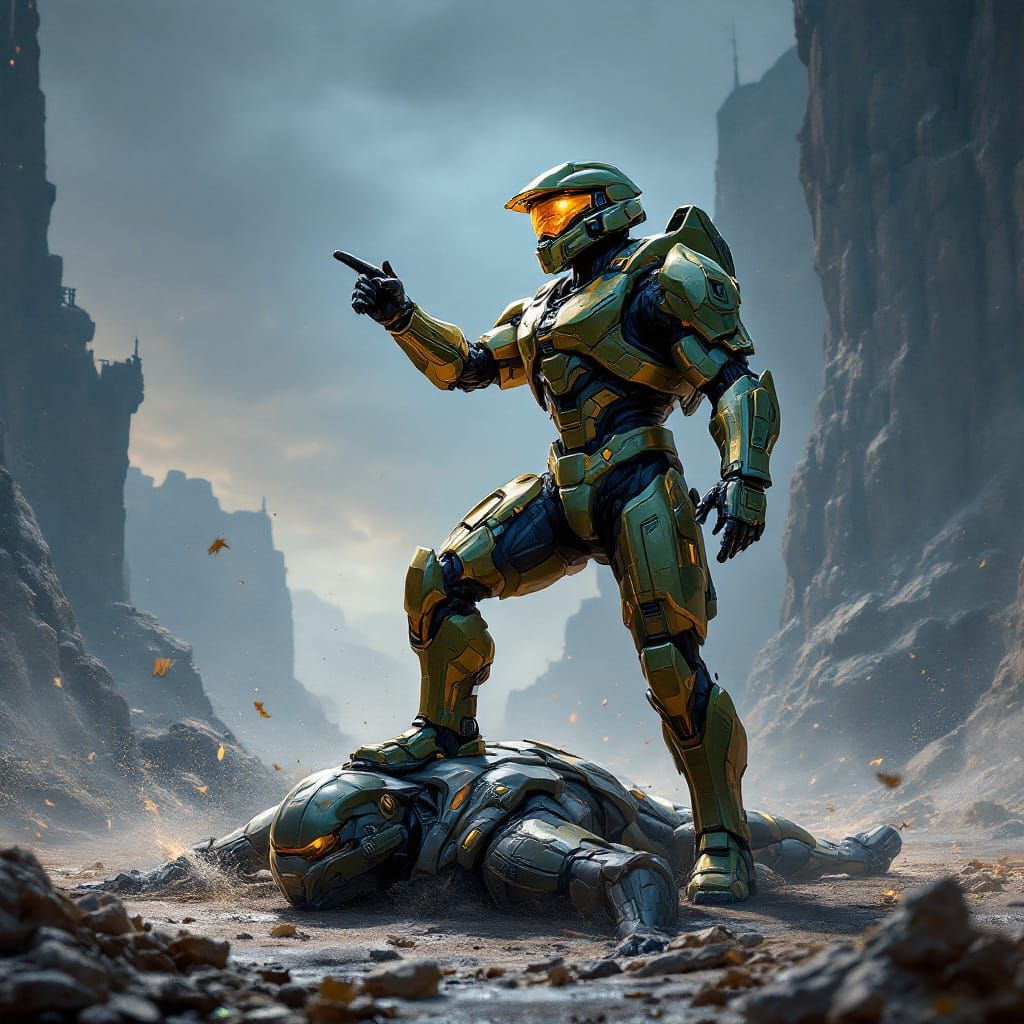 Master Chief Caricature Standing Victorious Over Enemy