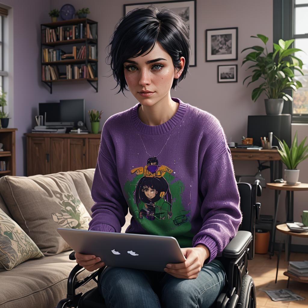 Girl in Wheelchair Writes in Living Room