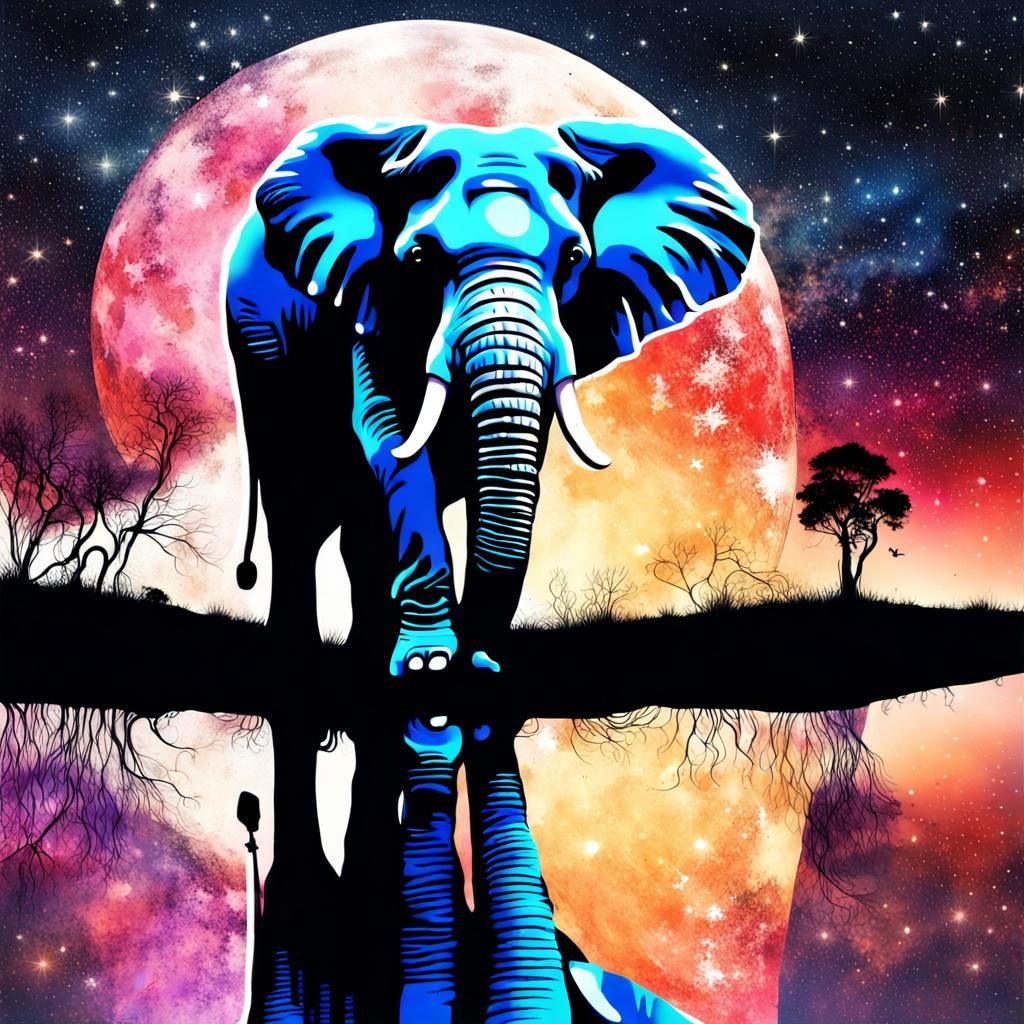 Starry Moonscape Elephant in Double Exposure Graffiti Art
