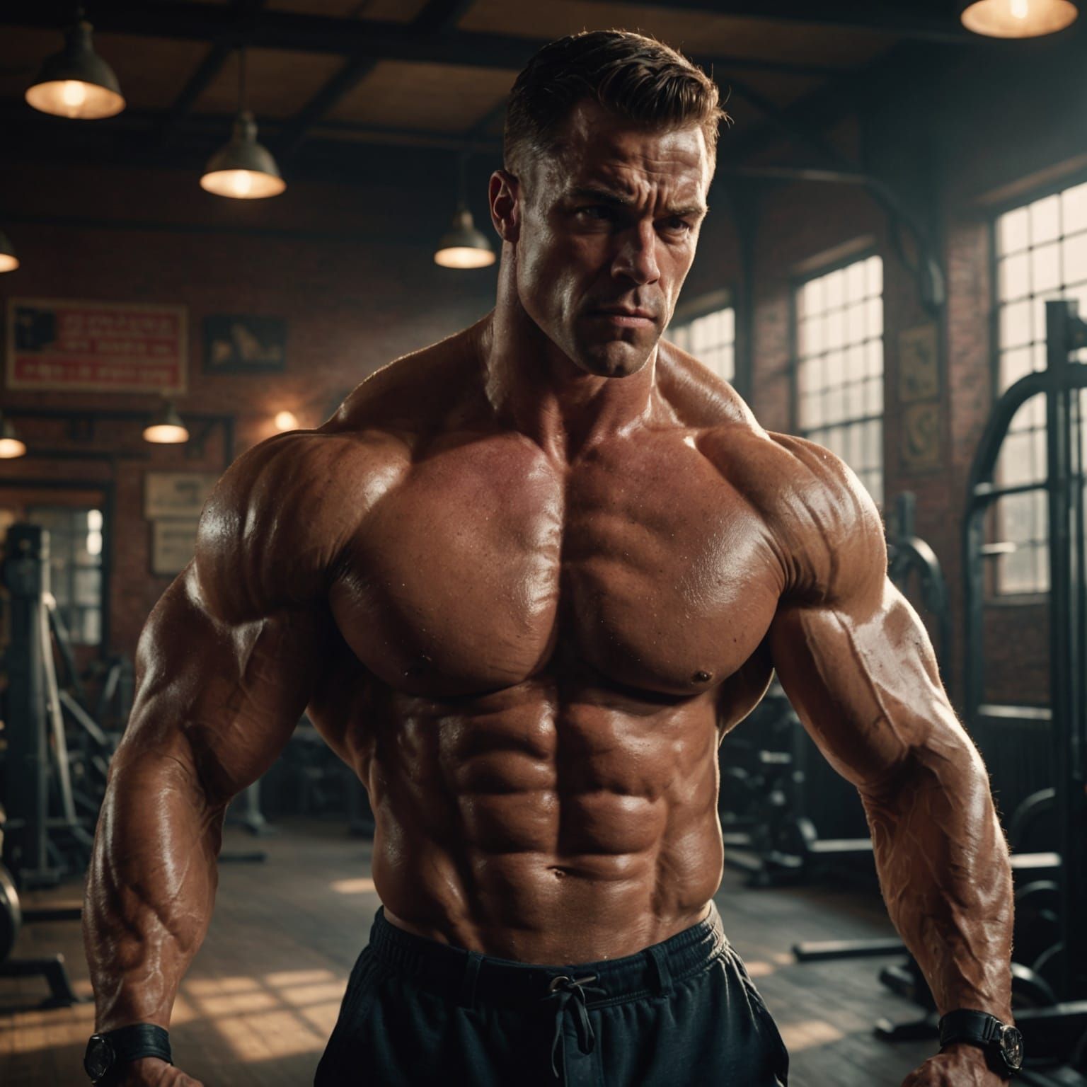 Muscular Bodybuilder in Vintage Gym, Cinematic Lighting