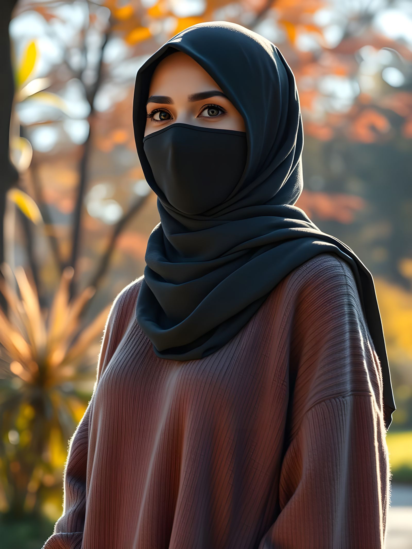 Hijabi Woman in Autumn Park: Digital Art Portrait