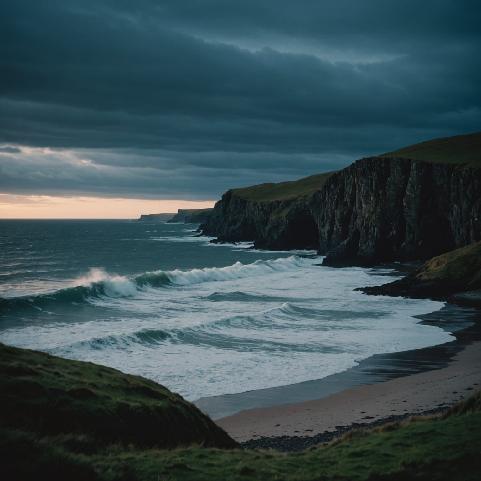 Dramatic Scotland Shoreline at Night: Cinematic Film Still