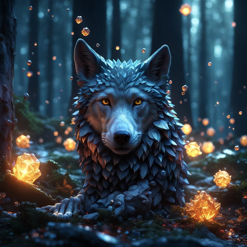 Crystalline Wolves in Forest, Photorealistic 3D Animation