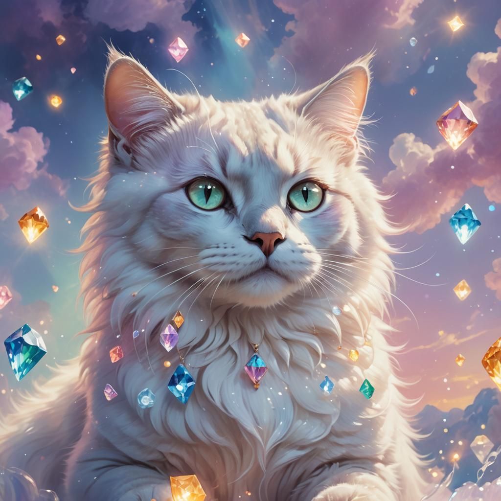 Dreamlike Gemstone Cat Portrait in Heaven