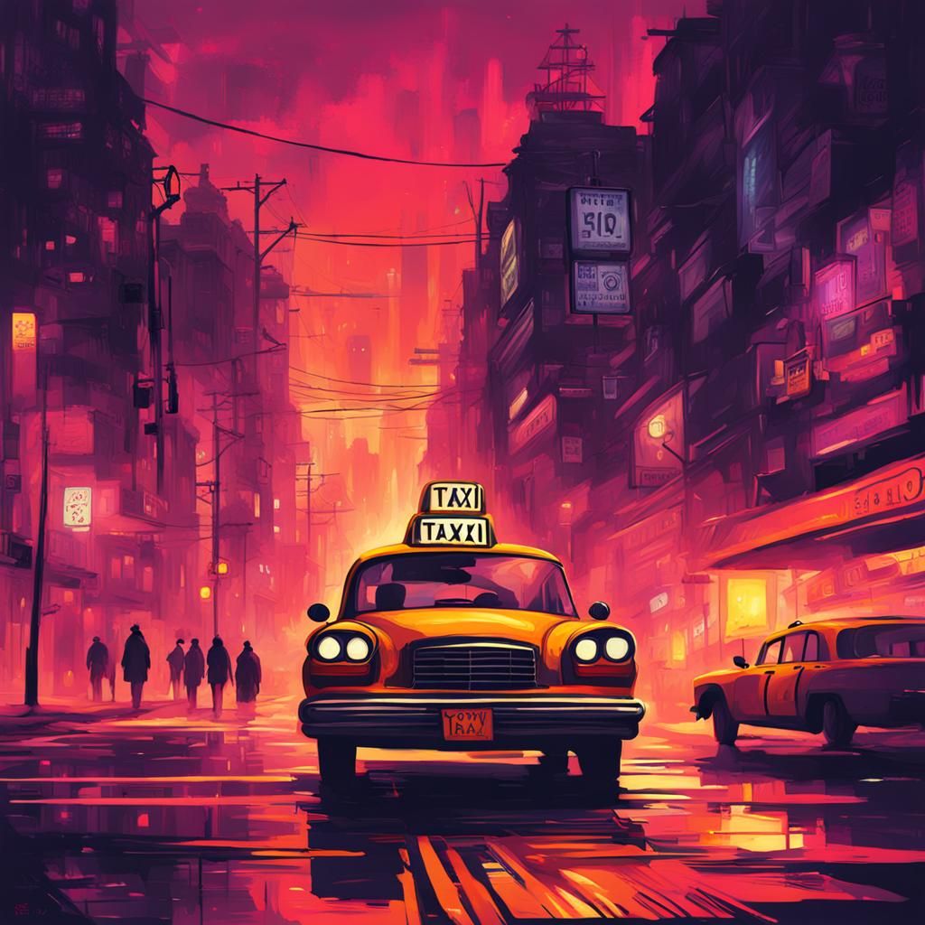 Taxi in Dystopian Cyberpunk Twilight: Digital Illustration