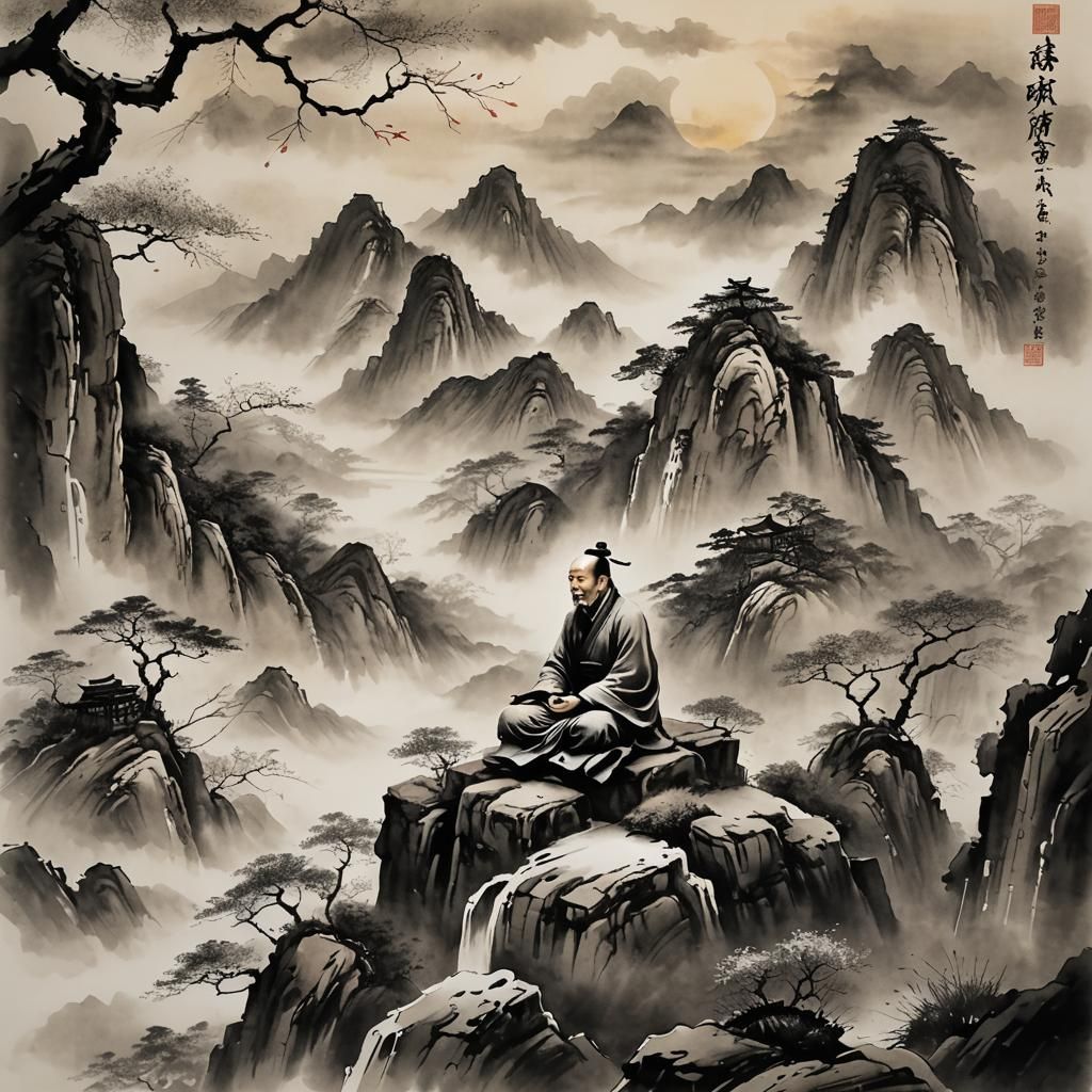 Meditating Mandarin in Traditional Chinese Ink Painting