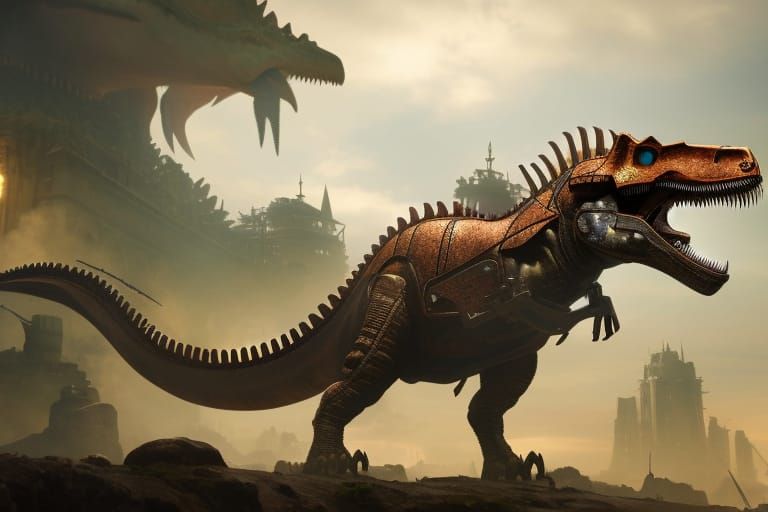 Steampunk Mechanical Dinosaur in City: Detailed Matte Painti...