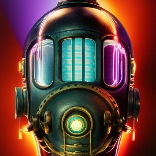 Bioluminescent Underwater Scene with Antique Diving Suit