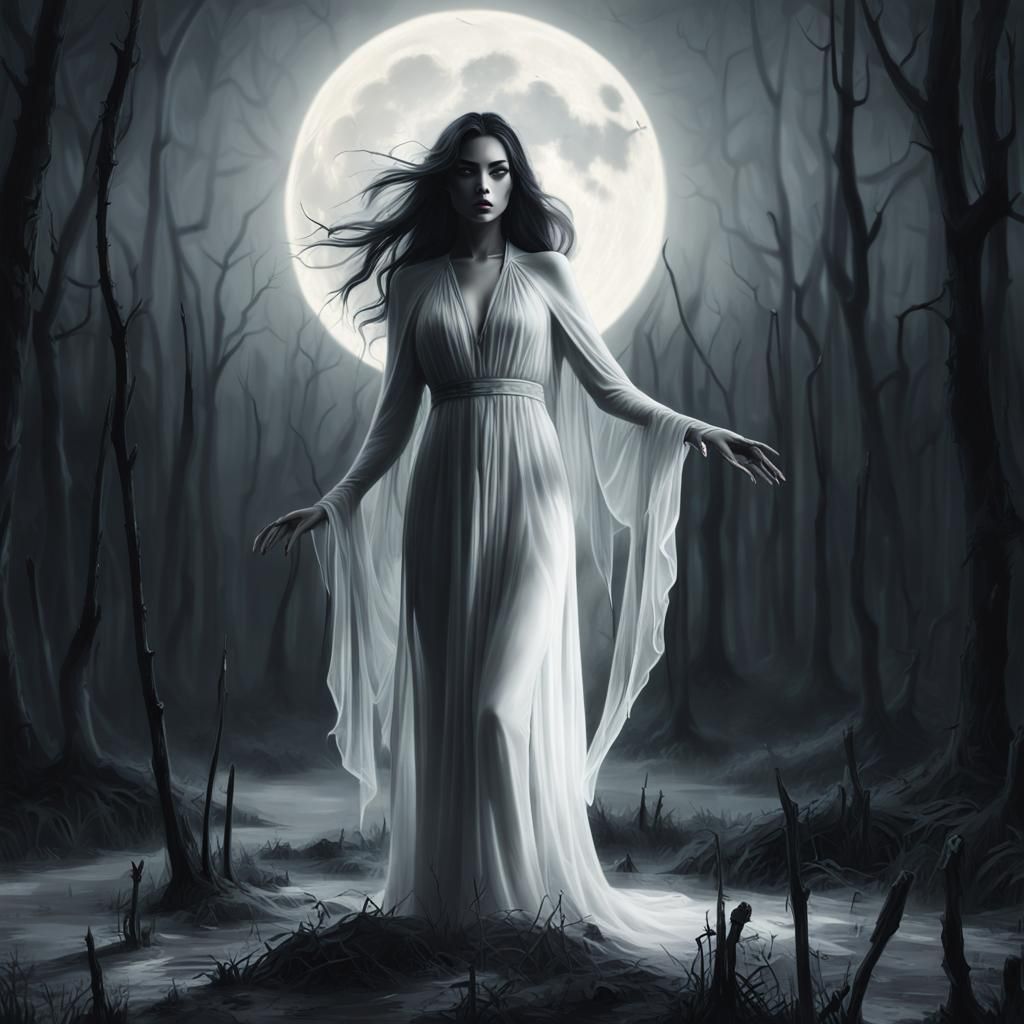 Eerie Ghostly Vision in Moonlit Swamp