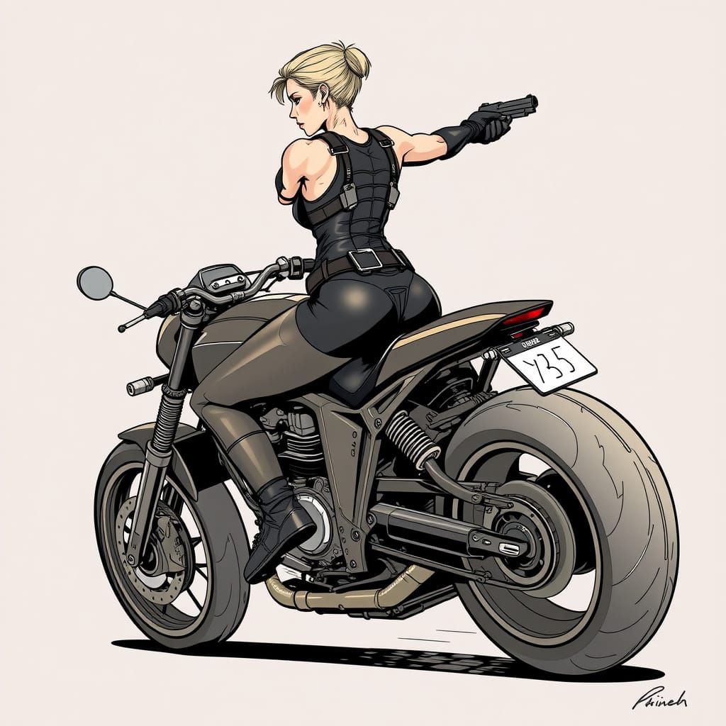 Athletic Female Rider on High-Speed Motorcycle in Cyberpunk ...