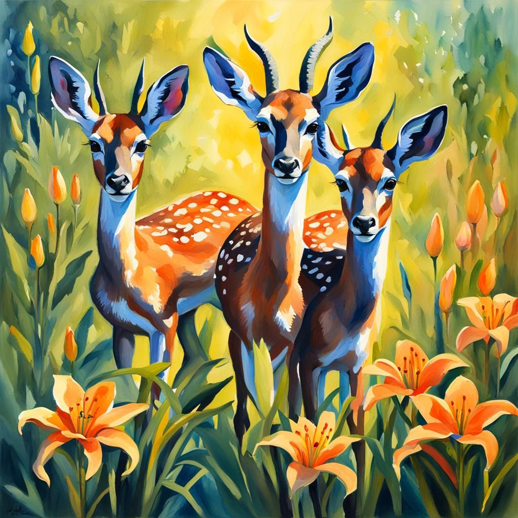 Twin Fawns Among Lilies: Gouache Watercolor Painting