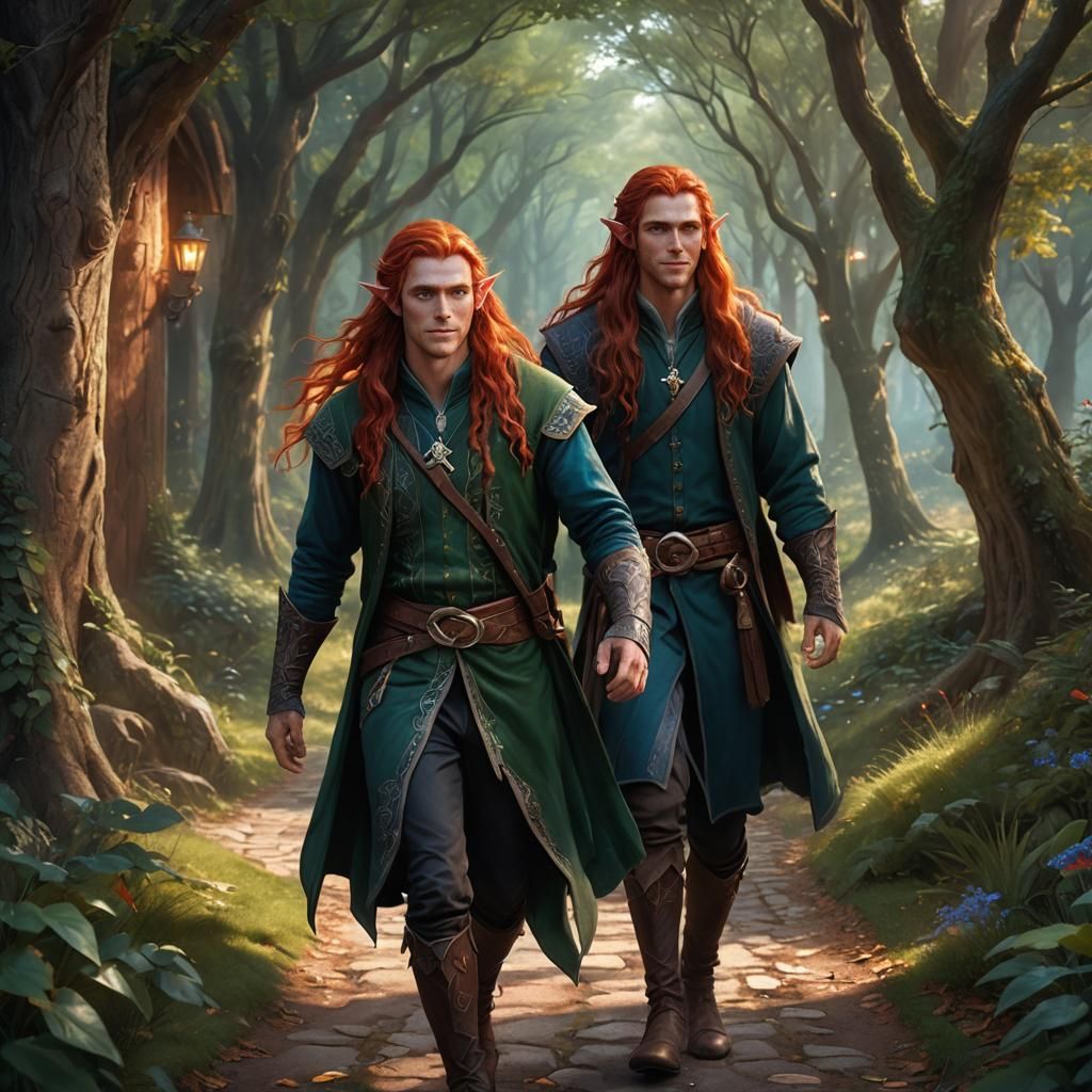 A very handsome male elf with very long red hair, blue eyes ...