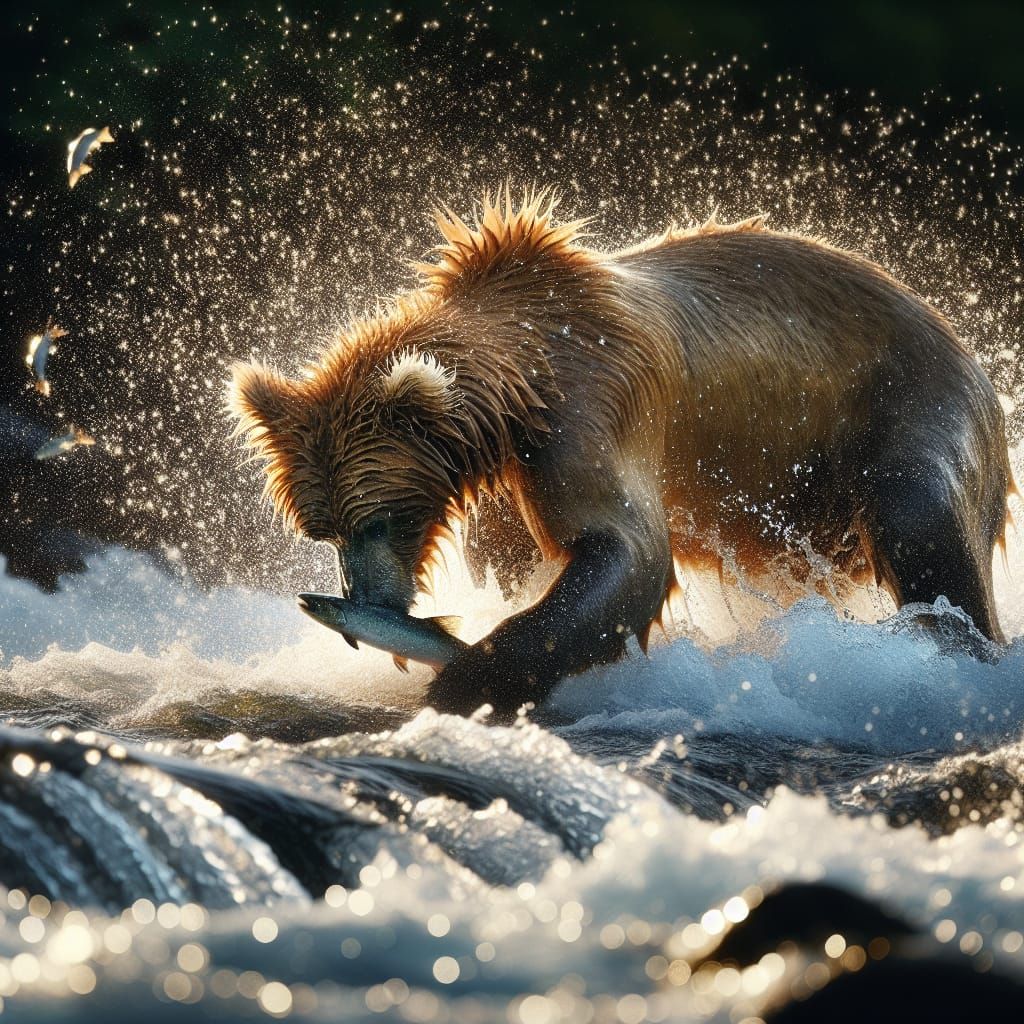 Grizzly Bear Fishing for Salmon in Sunlight