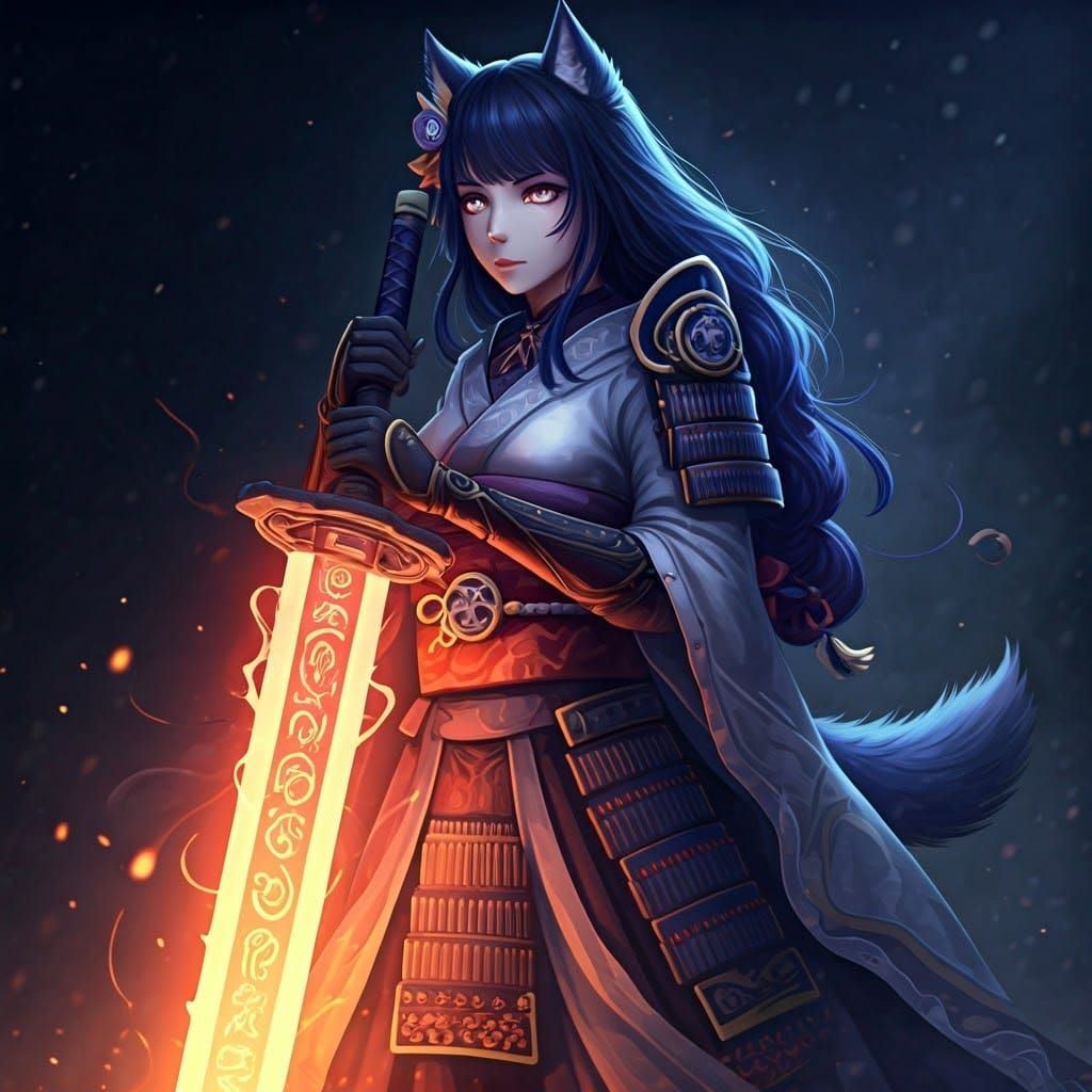 Wolf-Human Raiden Shogun with Samurai Sword in Anime Style