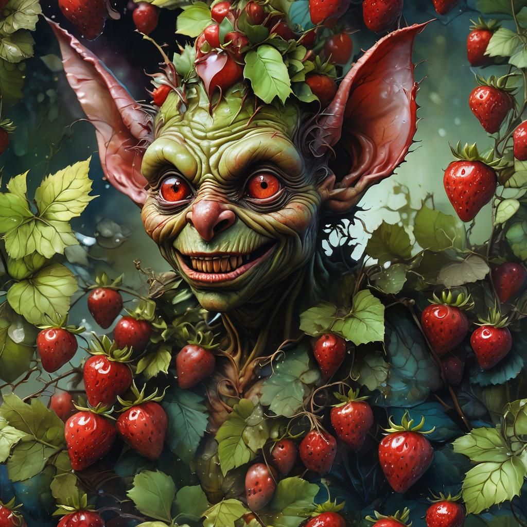 Strawberry Goblin in Dark Fantasy Oil Painting Style