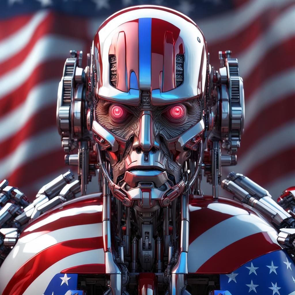Cyborg Donald Trump with Cybernetic Flag in Sci-Fi Style