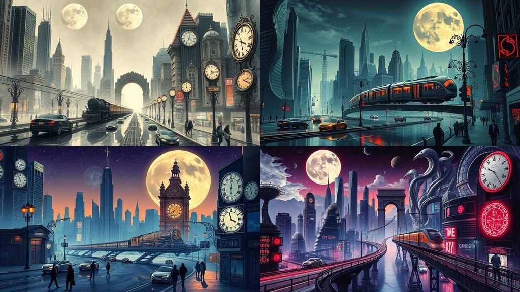 Surreal Metropolis Unfolds Under Distorted Moonlight