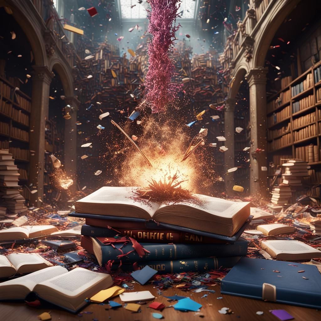 Explosion of Books and Confetti: Fantasy Concept Art