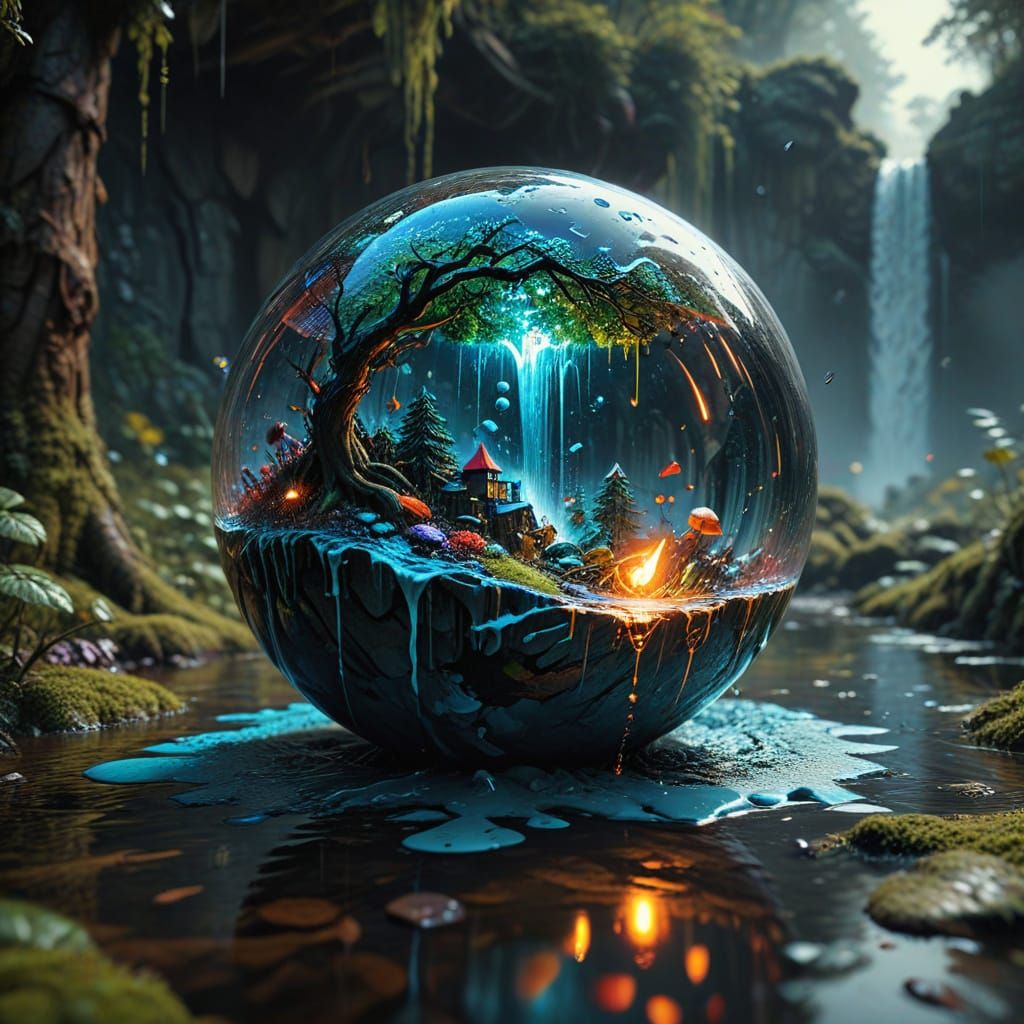 Floating Island in Glass Sphere in Magical Forest