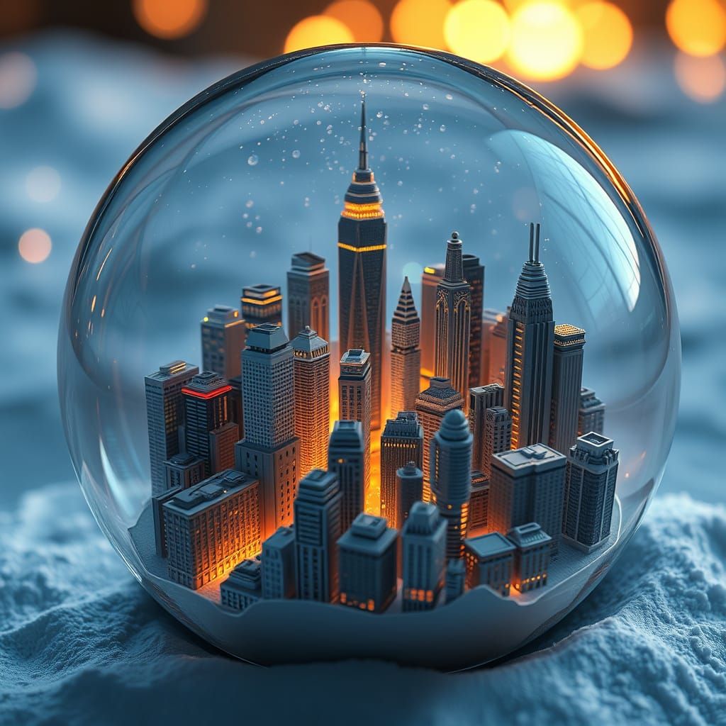 Miniature Cityscape Inside Snow Globe: Futuristic 8K Render