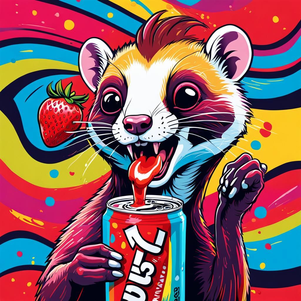 Playful Weasel Cartoon with Strawberry Energy Drink