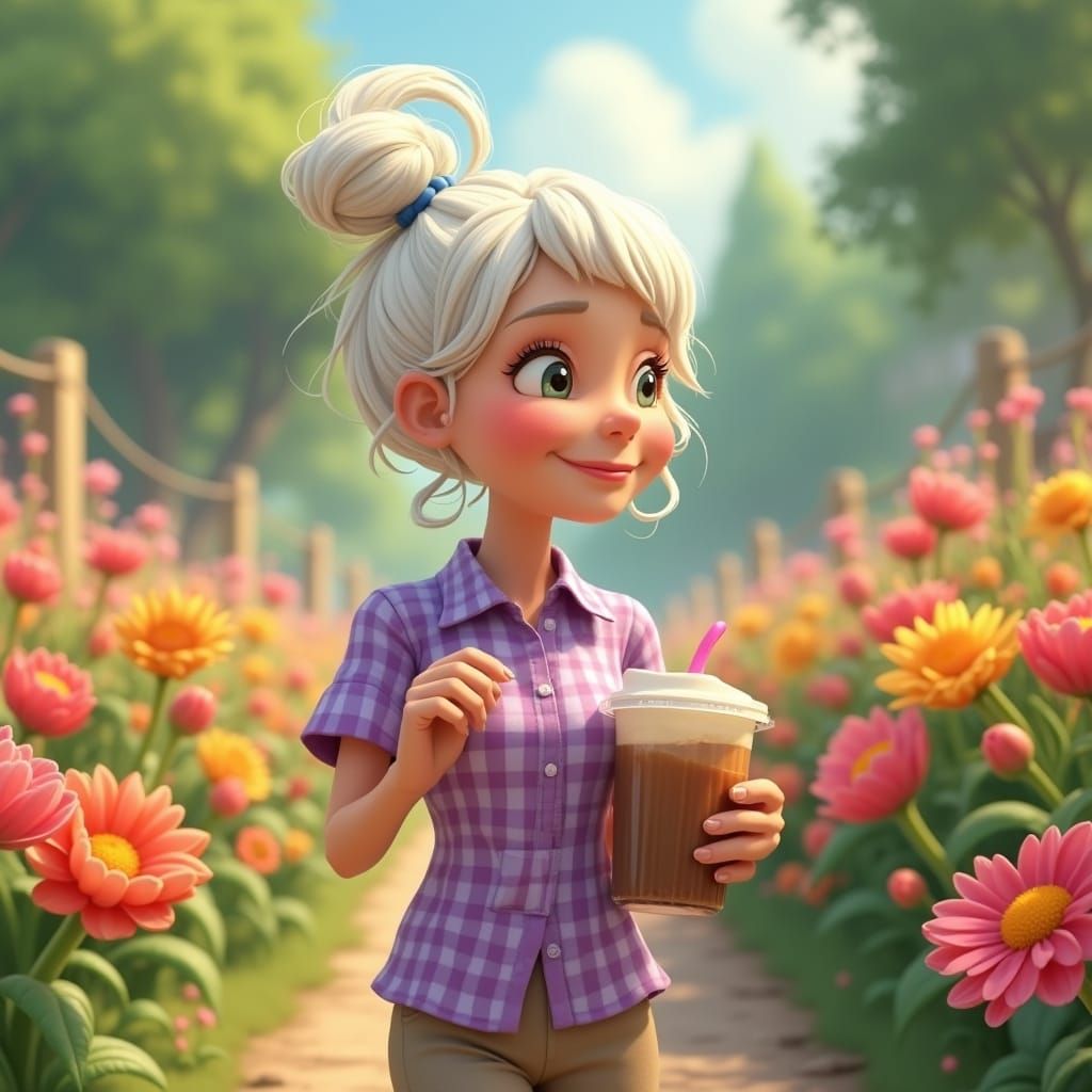 Whimsical 3D Cartoon: Older Woman in Flower Garden